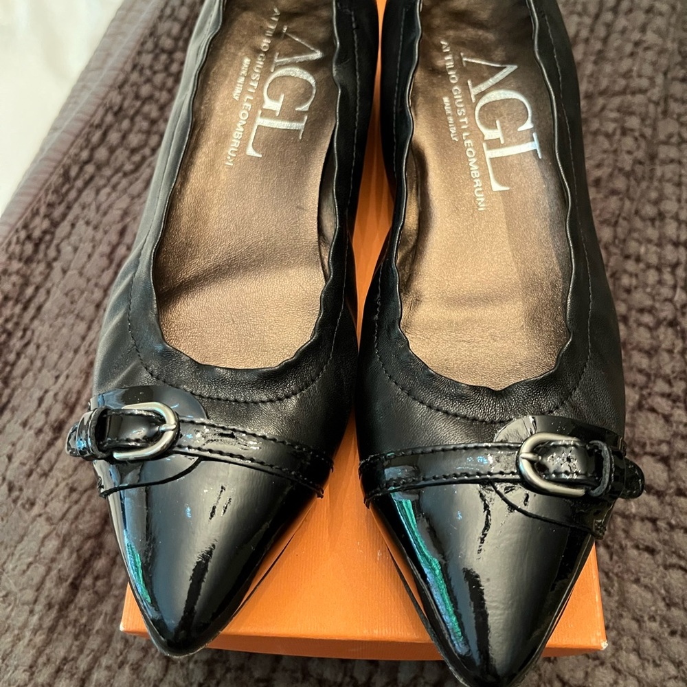 AGL black leather and patent leather flats